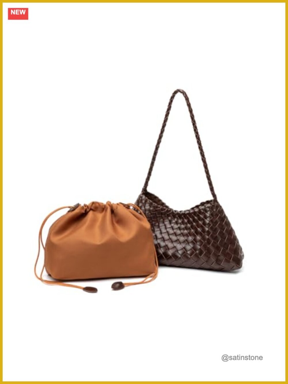 Woven Hobo Shoulder Bag with Drawstring – Faux Leather Handbag - Picture 3 of 5